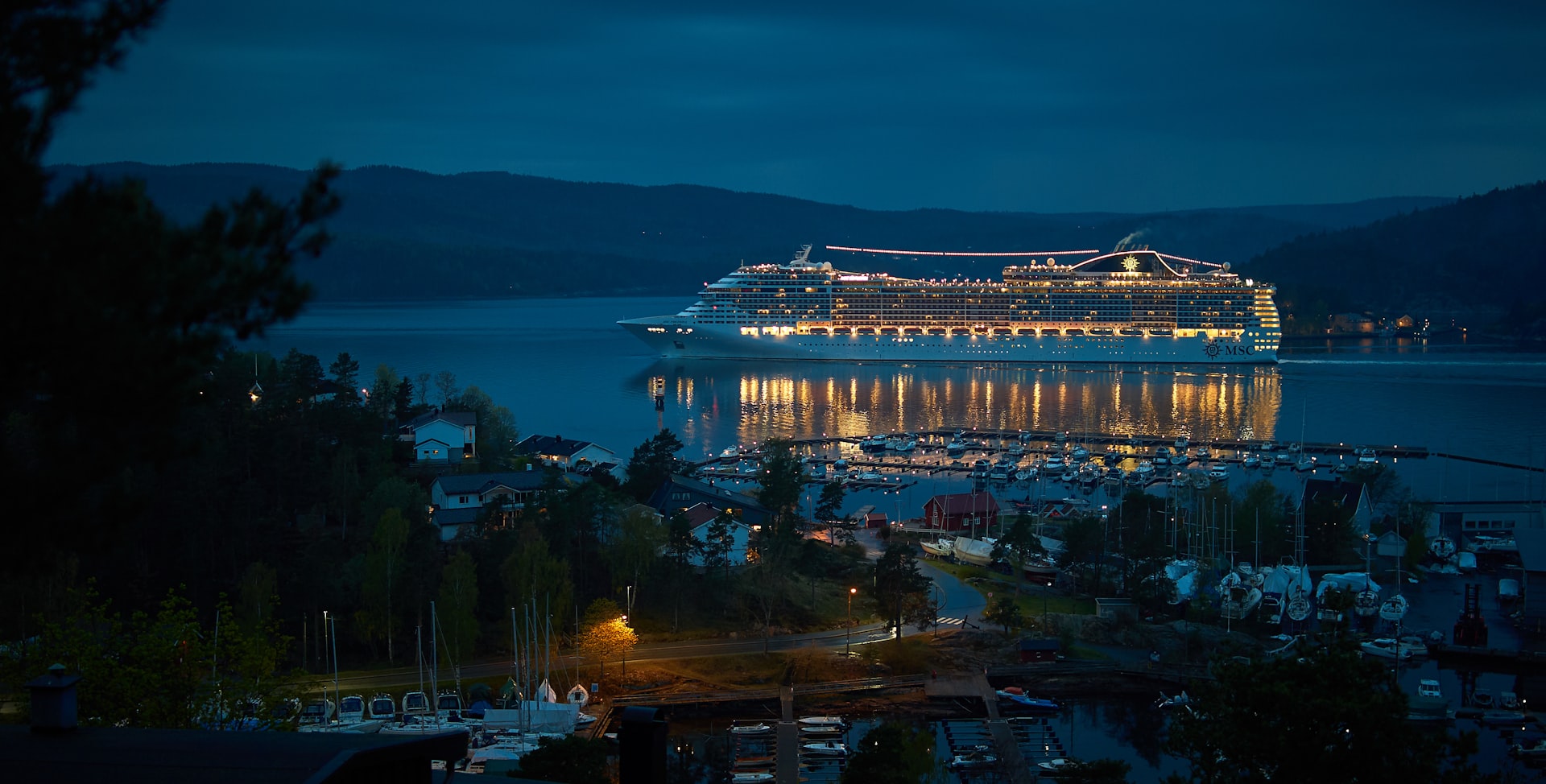 cruise ship near dock at night